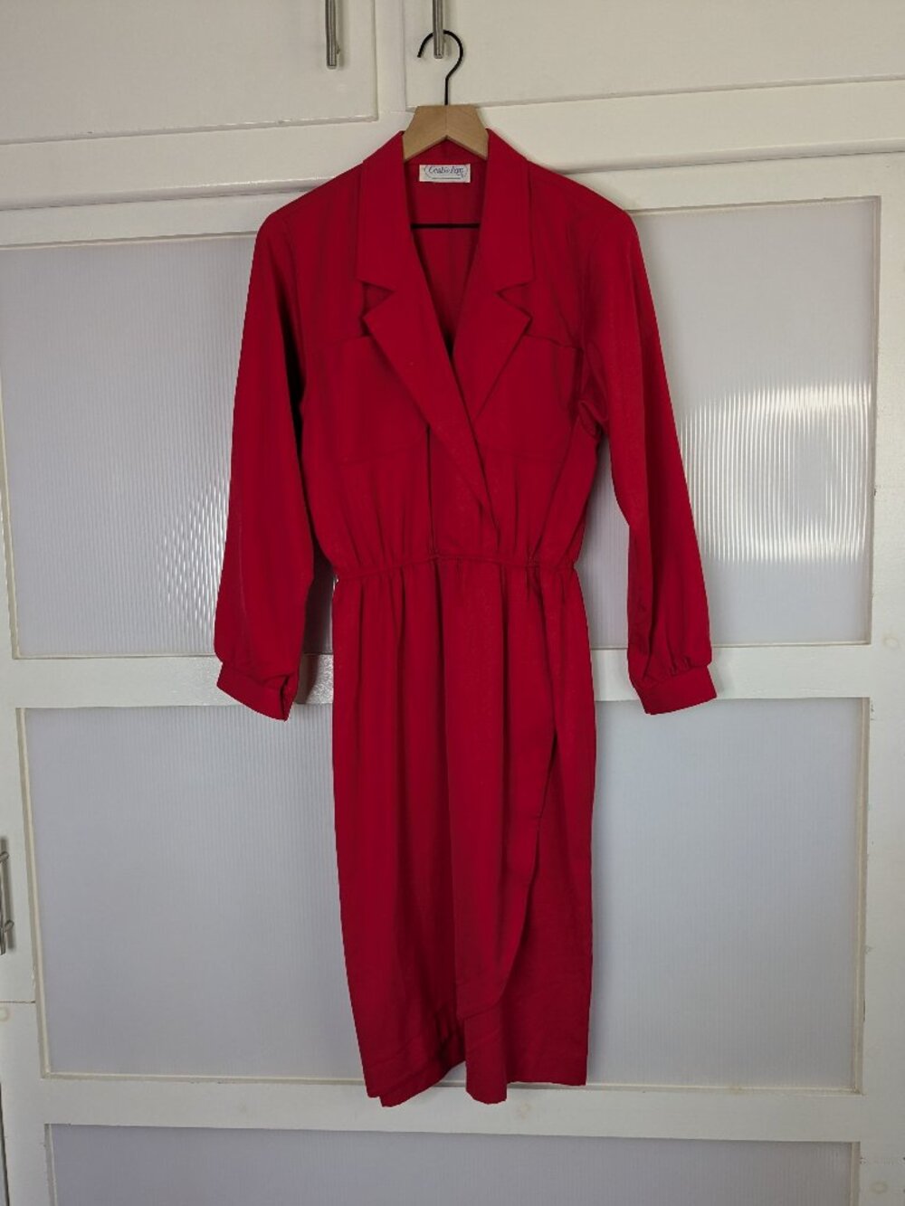 Leslie Fay Red Faux Wrap Dress Elastic Waist Long Sleeve Collared Size Small